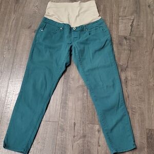 Teal Straight-Leg Maternity Jeans with Beige Support Panel ...Small Size..
